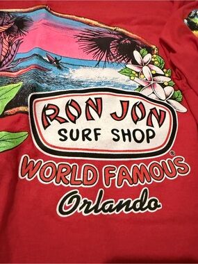Ron Jon Red Tee with Tropical Multicolor Graphic